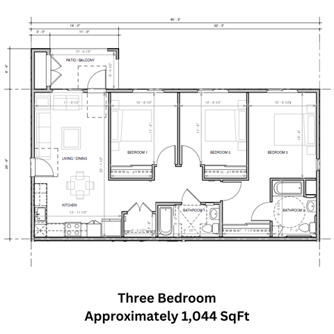 a floor plan of the three bedroom apartment